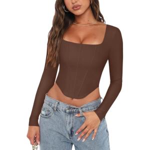 imageREORIA Womens Sexy Square Neck Long Sleeve Backless Going Out Boned Bustier Corset Crop TopsCoffee