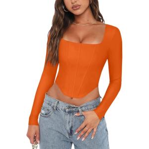 imageREORIA Womens Sexy Square Neck Long Sleeve Backless Going Out Boned Bustier Corset Crop TopsOrange
