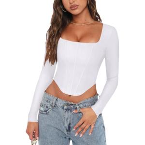 imageREORIA Womens Sexy Square Neck Long Sleeve Backless Going Out Boned Bustier Corset Crop TopsWhite