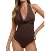 imageREORIA Womens Sexy Cowl Neck Halter Body Suits Summer Open Back Bodysuit Tank TopsCoffee