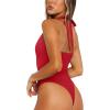 imageREORIA Womens Sexy Deep Scoop Neck Halter Bodysuit Double Lined Sleeveless Backless Top Vacation OutfitsTomato