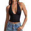 imageREORIA Womens Plunge Neck Backless Shirts Double Lined Halter Tank Tops Y2k Cute Summer Trendy Sleeveless Crop TopsBlack