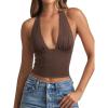 imageREORIA Womens Plunge Neck Backless Shirts Double Lined Halter Tank Tops Y2k Cute Summer Trendy Sleeveless Crop TopsBrown