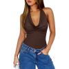 imageREORIA Womens Sexy Cowl Neck Halter Body Suits Summer Open Back Bodysuit Tank TopsCoffee