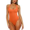 imageREORIA Womens Sexy Deep Scoop Neck Halter Bodysuit Double Lined Sleeveless Backless Top Vacation OutfitsOrange Popsicle