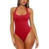 imageREORIA Womens Sexy Deep Scoop Neck Halter Bodysuit Double Lined Sleeveless Backless Top Vacation OutfitsTomato