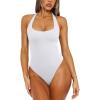 imageREORIA Womens Sexy Deep Scoop Neck Halter Bodysuit Double Lined Sleeveless Backless Top Vacation OutfitsWhite