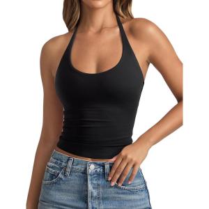 imageREORIA Womens Basic Scoop Neck Backless Double Lined Halter Tank Tops Y2k Cute Summer Trendy Sleeveless ShirtsBlack