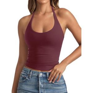 imageREORIA Womens Basic Scoop Neck Backless Double Lined Halter Tank Tops Y2k Cute Summer Trendy Sleeveless ShirtsBurgundy