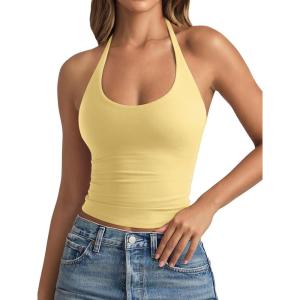 imageREORIA Womens Basic Scoop Neck Backless Double Lined Halter Tank Tops Y2k Cute Summer Trendy Sleeveless ShirtsButter Yellow