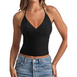 imageREORIA Womens Basic V Neck Backless Double Lined Halter Tank Tops Y2k Cute Summer Trendy Sleeveless ShirtsBlack