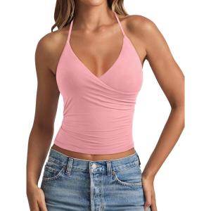 imageREORIA Womens Basic V Neck Backless Double Lined Halter Tank Tops Y2k Cute Summer Trendy Sleeveless ShirtsPink