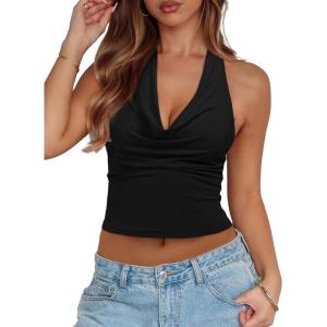 imageREORIA Womens Cowl Neck Halter Tank Tops Backless Double Lined Y2k Shirts Cute Summer Trendy Sleeveless Crop TopsBlack