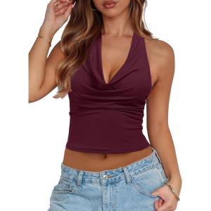 imageREORIA Womens Cowl Neck Halter Tank Tops Backless Double Lined Y2k Shirts Cute Summer Trendy Sleeveless Crop TopsBurgundy
