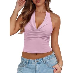 imageREORIA Womens Cowl Neck Halter Tank Tops Backless Double Lined Y2k Shirts Cute Summer Trendy Sleeveless Crop TopsPink