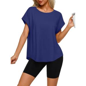 imageREORIA Womens Oversized Short Sleeve TShirt Ultra Soft Casual Drop Shoulder Tee Relaxed Fit Summer TopBellwether Blue