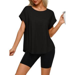 imageREORIA Womens Oversized Short Sleeve TShirt Ultra Soft Casual Drop Shoulder Tee Relaxed Fit Summer TopBlack
