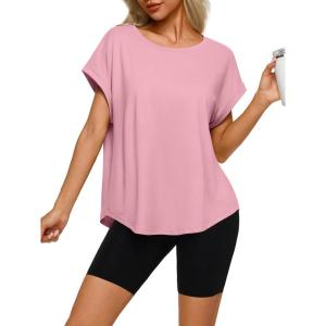 imageREORIA Womens Oversized Short Sleeve TShirt Ultra Soft Casual Drop Shoulder Tee Relaxed Fit Summer TopPink