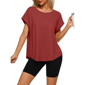 imageREORIA Womens Oversized Short Sleeve TShirt Ultra Soft Casual Drop Shoulder Tee Relaxed Fit Summer TopRed