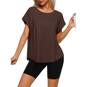 imageREORIA Womens Oversized Short Sleeve TShirt Ultra Soft Casual Drop Shoulder Tee Relaxed Fit Summer TopShaved Chocolate