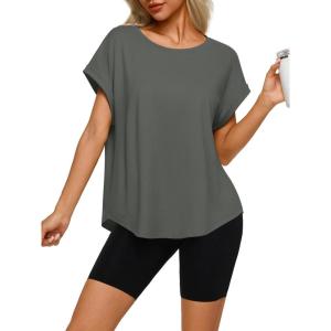 imageREORIA Womens Oversized Short Sleeve TShirt Ultra Soft Casual Drop Shoulder Tee Relaxed Fit Summer TopThyme