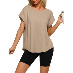 imageREORIA Womens Oversized Short Sleeve TShirt Ultra Soft Casual Drop Shoulder Tee Relaxed Fit Summer TopWarm Pecan