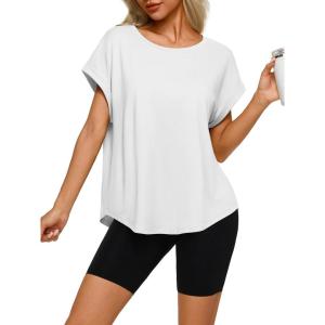 imageREORIA Womens Oversized Short Sleeve TShirt Ultra Soft Casual Drop Shoulder Tee Relaxed Fit Summer TopWhite