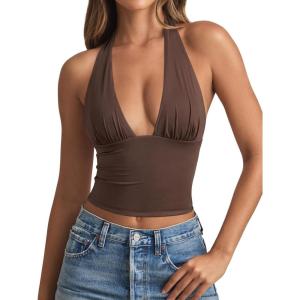 imageREORIA Womens Plunge Neck Backless Shirts Double Lined Halter Tank Tops Y2k Cute Summer Trendy Sleeveless Crop TopsBrown
