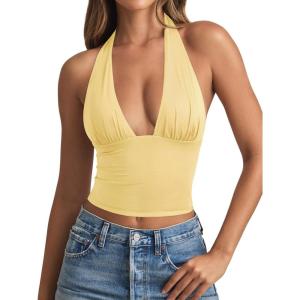 imageREORIA Womens Plunge Neck Backless Shirts Double Lined Halter Tank Tops Y2k Cute Summer Trendy Sleeveless Crop TopsButter Yellow