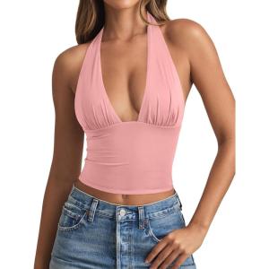imageREORIA Womens Plunge Neck Backless Shirts Double Lined Halter Tank Tops Y2k Cute Summer Trendy Sleeveless Crop TopsPink