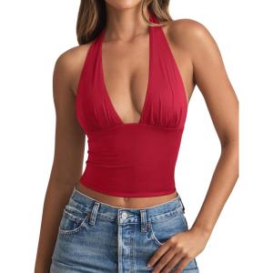 imageREORIA Womens Plunge Neck Backless Shirts Double Lined Halter Tank Tops Y2k Cute Summer Trendy Sleeveless Crop TopsRed