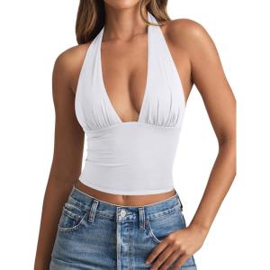 imageREORIA Womens Plunge Neck Backless Shirts Double Lined Halter Tank Tops Y2k Cute Summer Trendy Sleeveless Crop TopsWhite