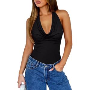 imageREORIA Womens Sexy Cowl Neck Halter Body Suits Summer Open Back Bodysuit Tank TopsBlack