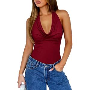 imageREORIA Womens Sexy Cowl Neck Halter Body Suits Summer Open Back Bodysuit Tank TopsEmboldened