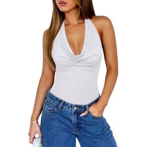 imageREORIA Womens Sexy Cowl Neck Halter Body Suits Summer Open Back Bodysuit Tank TopsWhite