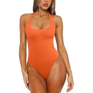 imageREORIA Womens Sexy Deep Scoop Neck Halter Bodysuit Double Lined Sleeveless Backless Top Vacation OutfitsOrange Popsicle