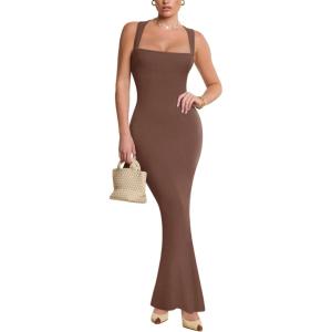 imageREORIA Womens Square Neck Bodycon Sexy Sleeveless Maxi Dress Formal Ribbed Long Dresses 2026 SummerCoffee