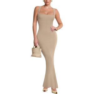 imageREORIA Womens Square Neck Bodycon Sexy Sleeveless Maxi Dress Formal Ribbed Long Dresses 2026 SummerKhaki