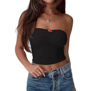 imageREORIA Women Sexy Ruched Tube Top Summer Y2K Trendy Going Out Double Lined Sleeveless Crop Tank TopsBlack