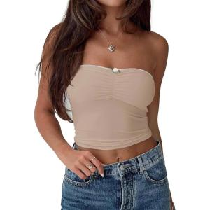 imageREORIA Women Sexy Ruched Tube Top Summer Y2K Trendy Going Out Double Lined Sleeveless Crop Tank TopsKhaki