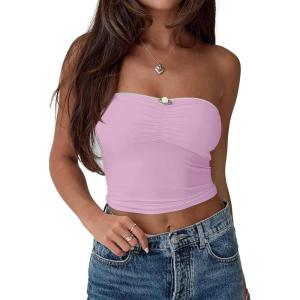 imageREORIA Women Sexy Ruched Tube Top Summer Y2K Trendy Going Out Double Lined Sleeveless Crop Tank TopsPetal