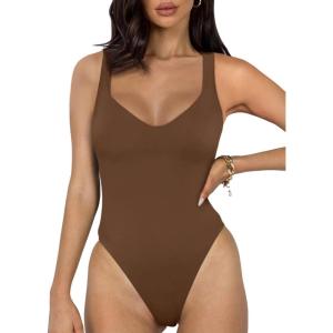 imageREORIA Womens Trendy Sexy V Neck Racer Back Double Lined Sleeveless Slimming Going Out Tank Top BodysuitsCoffee