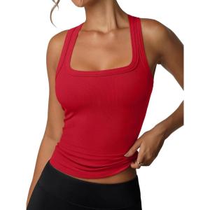 image:imageREORIA Tank Top with Built in Bra for Women Summer Sleeveless Racerback Square Neck Casual Basic Ribbed Tops 2026Red