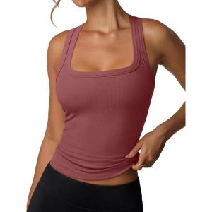 image:imageREORIA Tank Top with Built in Bra for Women Summer Sleeveless Racerback Square Neck Casual Basic Ribbed Tops 2026Rust