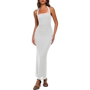 image:imageREORIA Mesh Sheer Sleeveless Wedding Guest Maxi Dresses for Women Ruched Bodycon Square Neck Halter Long Dress Summer 2026Brilliant White