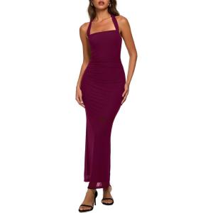 image:imageREORIA Mesh Sheer Sleeveless Wedding Guest Maxi Dresses for Women Ruched Bodycon Square Neck Halter Long Dress Summer 2026Cordovan