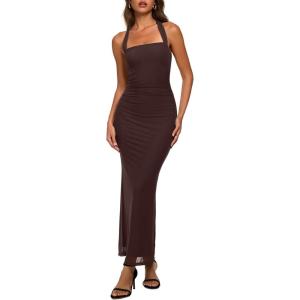 image:imageREORIA Mesh Sheer Sleeveless Wedding Guest Maxi Dresses for Women Ruched Bodycon Square Neck Halter Long Dress Summer 2026Shaved Chocolate