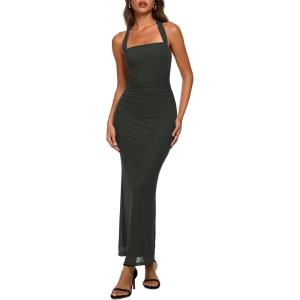 image:imageREORIA Mesh Sheer Sleeveless Wedding Guest Maxi Dresses for Women Ruched Bodycon Square Neck Halter Long Dress Summer 2026Thyme
