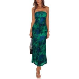 image:imageREORIA Womens 2026 Summer Floral Mesh Strapless Midi Dress Backless Beach Wedding Guest Cocktail Party DressesGreen Print