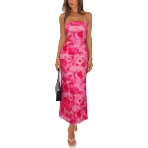 image:imageREORIA Womens 2026 Summer Floral Mesh Strapless Midi Dress Backless Beach Wedding Guest Cocktail Party DressesPink Floral